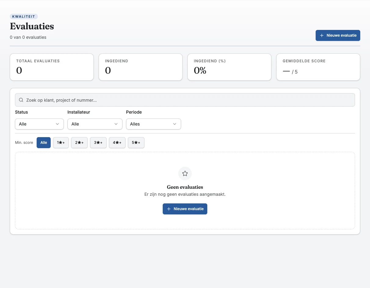 Het evaluatieoverzicht van het fictieve Demo-bedrijf, zonder evaluaties.