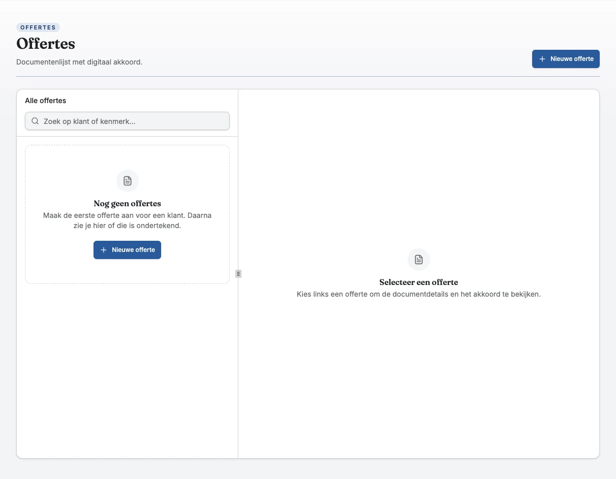 Het offerteoverzicht van het fictieve Demo-bedrijf, zonder offertes.