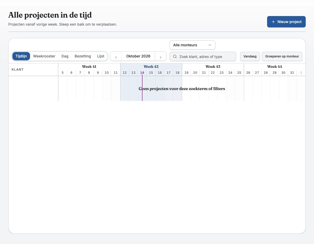 Het planbord van het fictieve Demo-bedrijf, zonder ingeplande projecten in deze week.