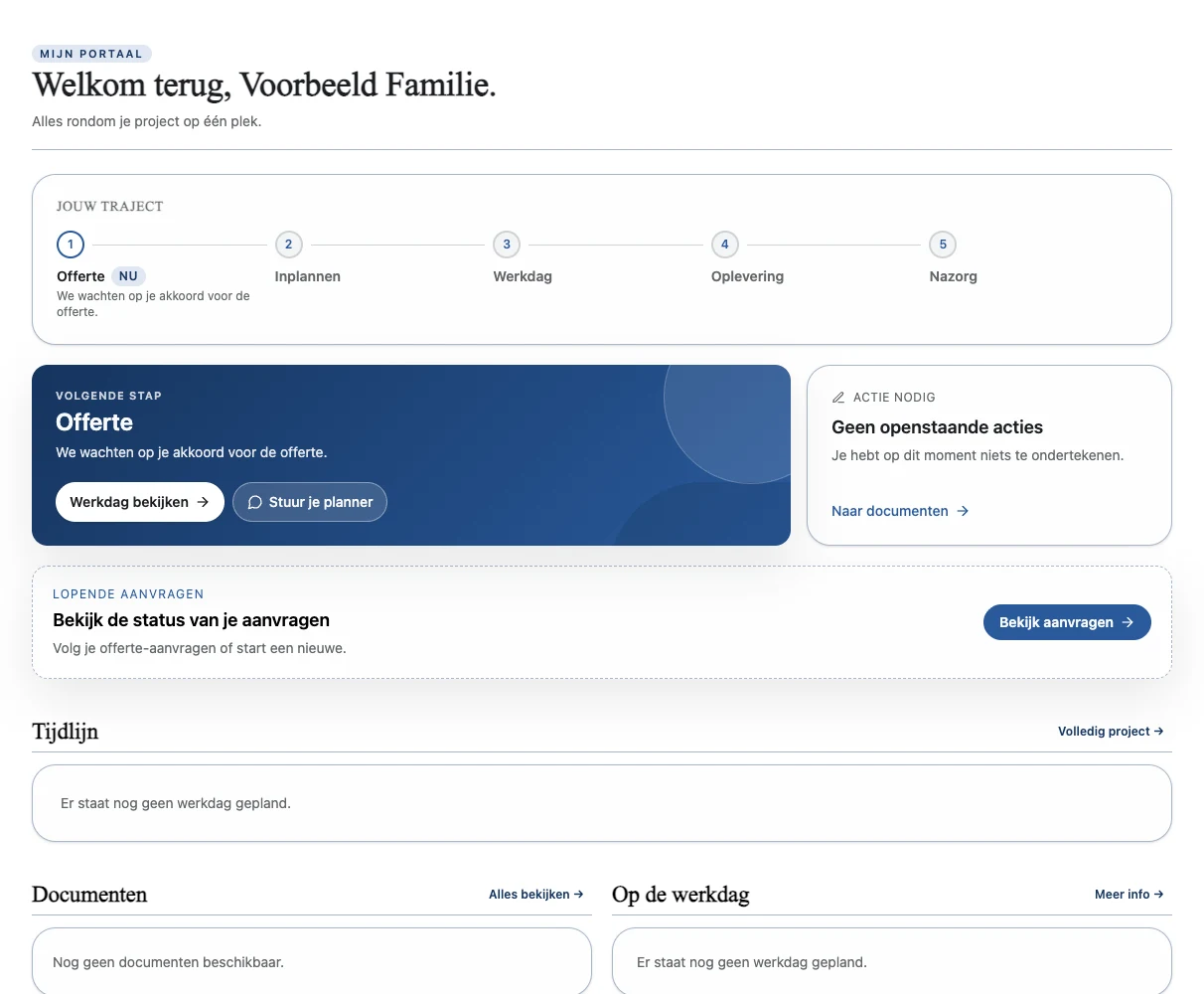 Voorbeeld van het echte klantportaal met fictieve klantgegevens, zonder geplande werkdag of documenten.