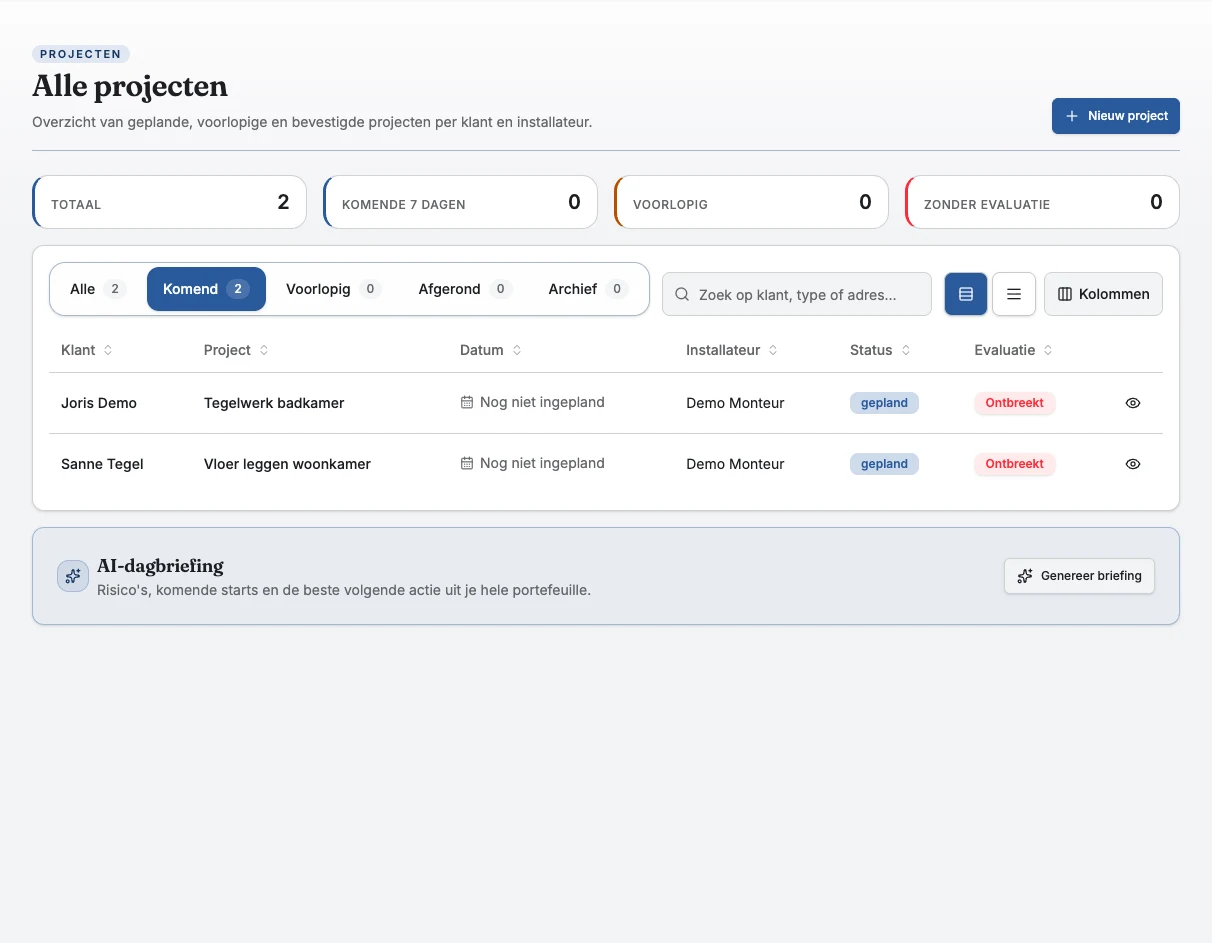 Projectoverzicht van het fictieve Demo-bedrijf met projectstatus en werkzaamheden.