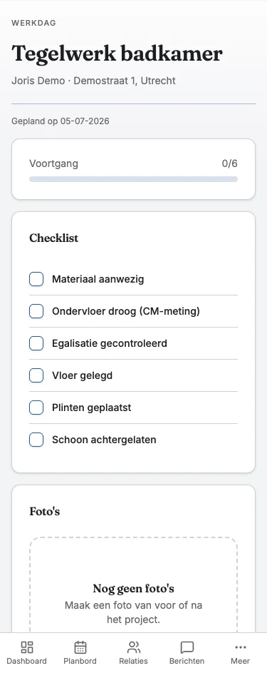 De mobiele werkdag van een fictieve vakman met geplande werkzaamheden.